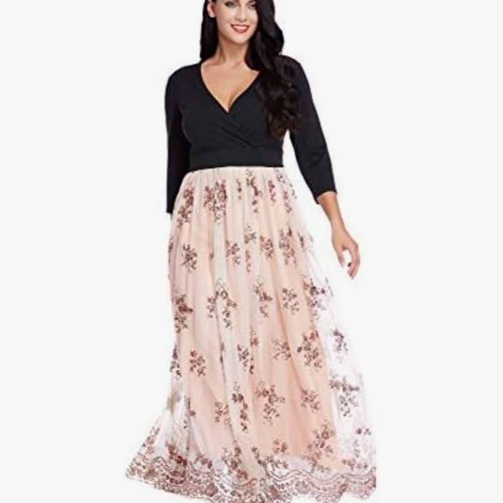 GRAPENT Women's Sequin 3/4 Sleeves Evening Gown Party Maxi Dress Size 14W